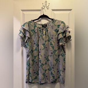 Liz Claiborne Gray Floral Ruffle Sleeve Blouse